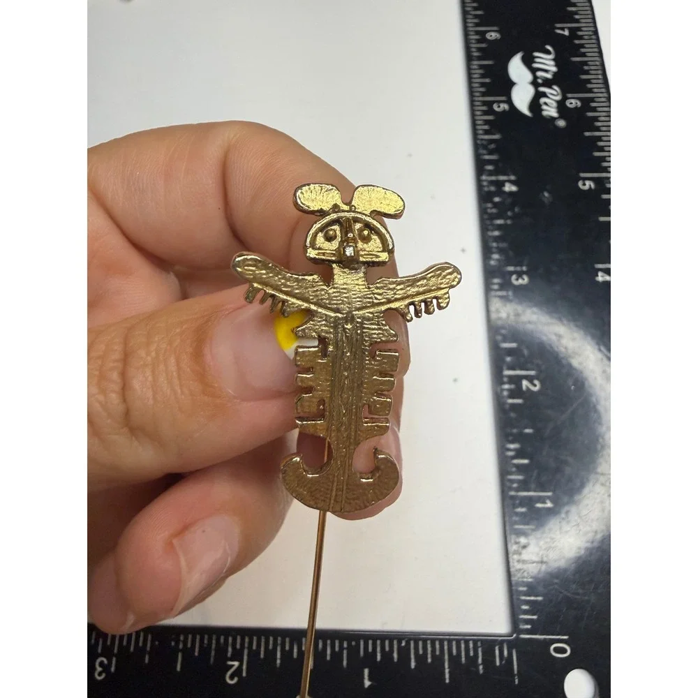Gold Tone Pre-Columbian Style Anthropomorphic Figure Stick Pin Lapel Accessory